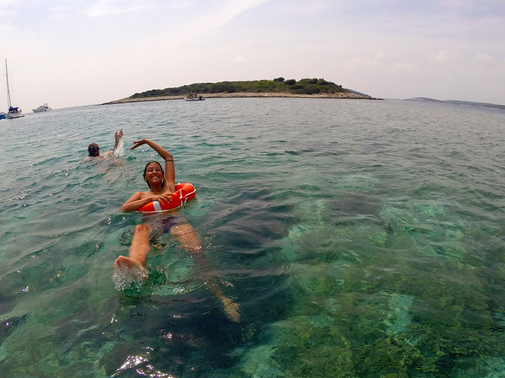 Miro dragging Josipa in the Budikovac lagoon