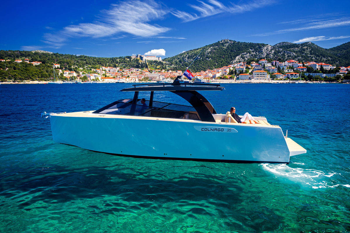 luxury speedboat in front of Hvar